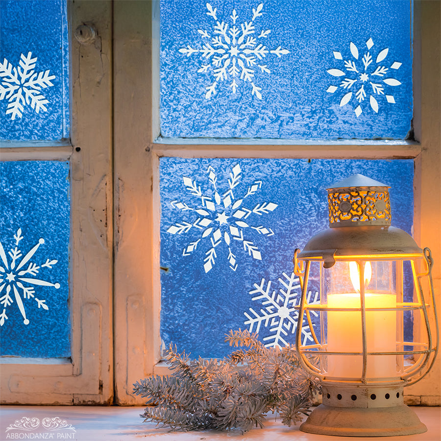 Kerst stencil snowflakes op raam