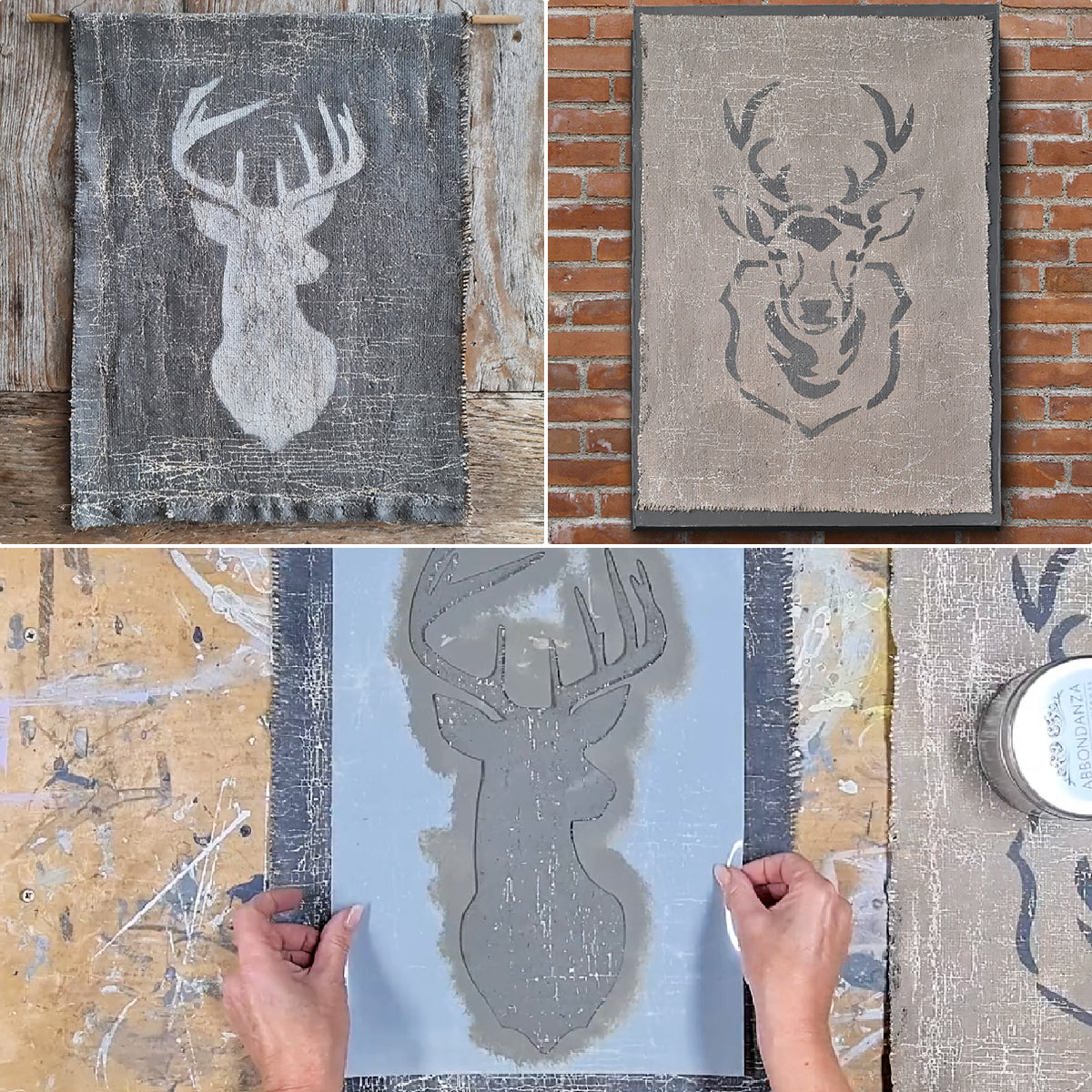 Workshop Stoer wanddoek met stencils, milkpaint en stucco op jute, verftechnieken.nl