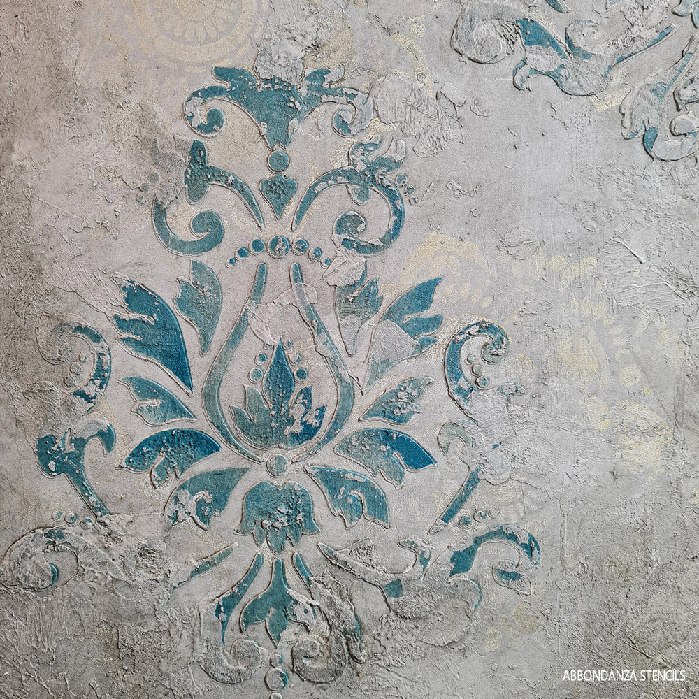 Stencil Brocade met textuur in combinatie met patina effect en antiquing glaze