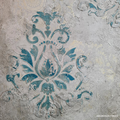 Stencil Brocade met textuur in combinatie met patina effect en antiquing glaze